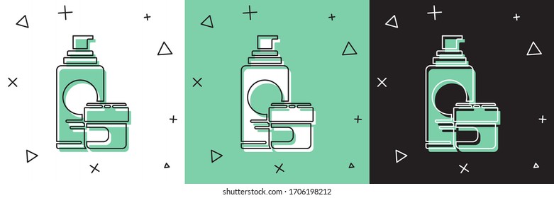 Set Cream or lotion cosmetic tube icon isolated on white and green, black background. Body care products for men.  Vector Illustration