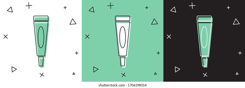 Set Cream or lotion cosmetic tube icon isolated on white and green, black background. Body care products for men.  Vector Illustration