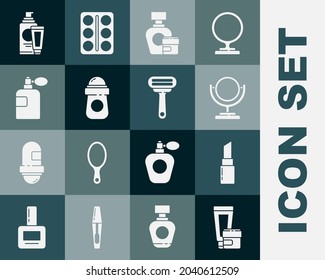 Set Cream or lotion cosmetic tube, Lipstick, Round makeup mirror, Antiperspirant deodorant roll, Perfume,  and Shaving razor icon. Vector