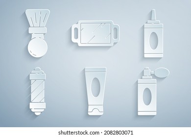 Set Cream or lotion cosmetic tube, Bottle of shampoo, Classic Barber shop pole, Aftershave bottle with atomizer, Hand mirror and Shaving brush icon. Vector