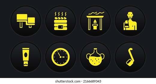 Set Cream or lotion cosmetic tube, Man in the sauna, Sauna clock, Essential oil bottle, Aroma candle, Hot stones, ladle and wood bench icon. Vector