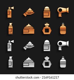 Set Cream or lotion cosmetic tube, Hair dryer, Perfume, Spray can for hairspray, Antiperspirant deodorant roll,  and  icon. Vector