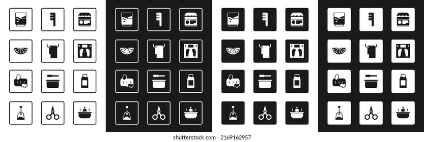 Set Cream or lotion cosmetic tube, Towel hanger, Citrus fruit, Glass with water, Bathroom scales, Hairbrush, Bottle milk and Bar of soap foam icon. Vector