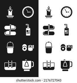 Set Cream or lotion cosmetic tube, Sauna slippers, Aroma candle, clock, bucket, Toilet paper roll, Cup of tea with tea bag and Swimming pool ladder icon. Vector