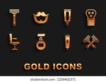 Set Cream or lotion cosmetic tube, Electrical hair clipper shaver, Crossed shaving razor, Barbershop chair, Shaving and Mustache and beard icon. Vector