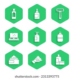 Set Cream or lotion cosmetic tube, Perfume, Makeup powder with mirror, Shaving razor and Spray can for hairspray icon. Vector
