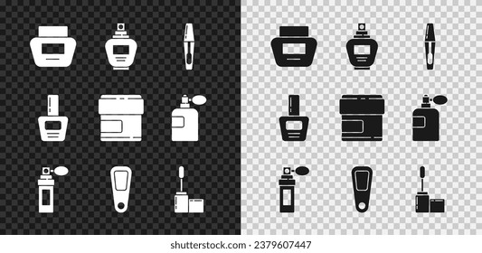 Set Cream or lotion cosmetic tube, Perfume, Mascara brush, Hand mirror, Nail polish bottle and  icon. Vector