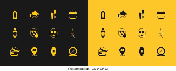 Set Cream or lotion cosmetic tube, Smiling lips, Facial mask, Bottle of shampoo, Mascara brush,  and Shaving foam hand icon. Vector