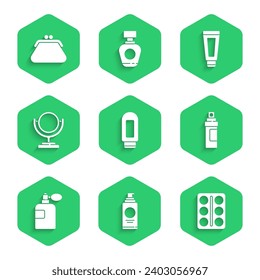 Set Cream or lotion cosmetic tube, Spray can for hairspray, Eye shadow palette, Perfume, Round makeup mirror,  and Clutch bag icon. Vector
