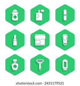Set Cream or lotion cosmetic tube, Shaving razor, Hand mirror, Perfume, Lipstick, Nail file and Antiperspirant deodorant roll icon. Vector