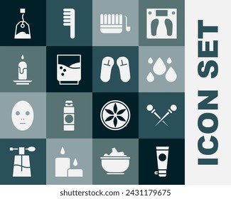 Tubo cosmético de crema o loción, agujas de punto, gota de agua, cubo y cucharón de sauna, vidrio con agua, vela ardiente, bolso de té e icono de zapatilla. Vector