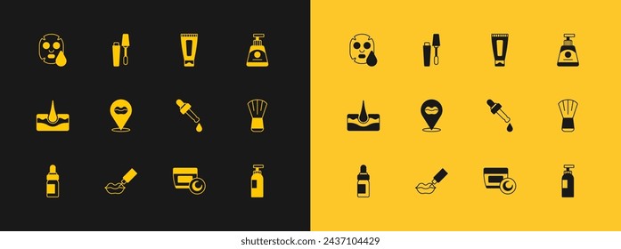Set Cream or lotion cosmetic tube, Lip augmentation, Pipette with oil, Smiling lips, Facial mask and Mascara brush icon. Vector