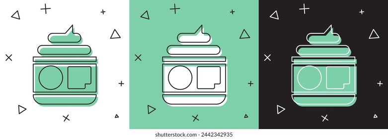 Set Cream or lotion cosmetic tube icon isolated on white and green, black background. Body care products for men.  Vector Illustration