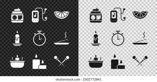 Set Cream or lotion cosmetic tube, Music player, Citrus fruit, Bathtub, Burning candle, Knitting needles,  and Stopwatch icon. Vector