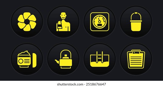 Set Cream or lotion cosmetic tube, Sauna bucket, Kettle with handle, Swimming pool ladder, thermometer, Man sauna, Bathroom scales and Flower icon. Vector