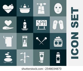 Conjunto de crema o loción tubo cosmético, zapatilla, perfume, vela ardiente, corazón de la mano, curar y icono de letrero de salón de spa. Vector