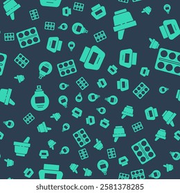 Set Cream or lotion cosmetic tube, Mortar and pestle, Perfume and Eye shadow palette on seamless pattern. Vector