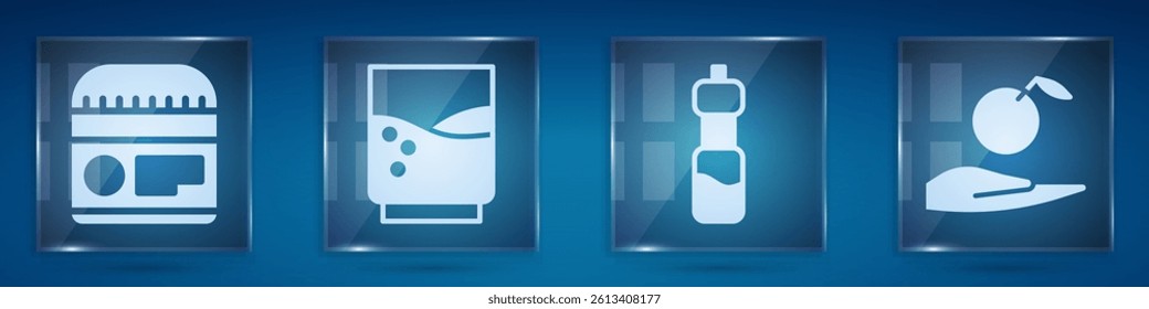 Set Cream or lotion cosmetic tube, Glass with water, Bottle of water and Apple in hand. Square glass panels. Vector