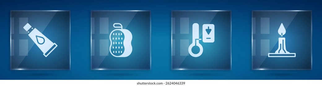Set Cream or lotion cosmetic tube, Washcloth, Sauna thermometer and Burning candle. Square glass panels. Vector