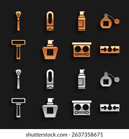 Set Cream or lotion cosmetic tube, Perfume, Acne, Eye shadow palette, Shaving razor, Spray can for hairspray, Makeup brush and Bottle of shampoo icon. Vector