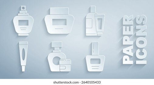Set Cream or lotion cosmetic tube, Nail polish bottle,  and Perfume icon. Vector