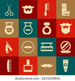 Set Creme ou loção tubo cosmético, Maquiagem em pó com espelho, Mustache e barba, Escova de Cabelo, Barbearia, Tesoura cabeleireiro e ícone Aftershave. Vetor