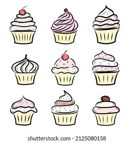 set of cream pies decorated with cherries and candles, birthday celebration, heart-shaped cherry, Valentines day card, isolated on white background, multicolored fill