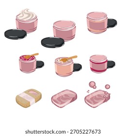 Set of Cream and Scented Soap Jars, Cosmetics Vector