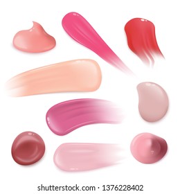 Set of cream texture blobs for lipstick and lip gloss or nail polish swatches 3d vector illustration isolated on white background. Liquid makeup drop products sample.