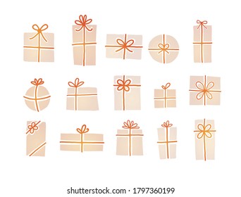 Set of cream-colored christmas gift boxes with red ribbons on white background