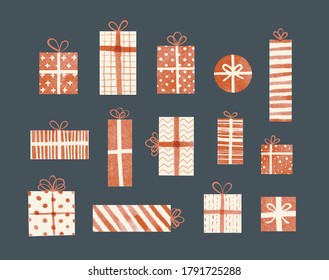 Set of cream-colored and red gift boxes in vintage style on dark background