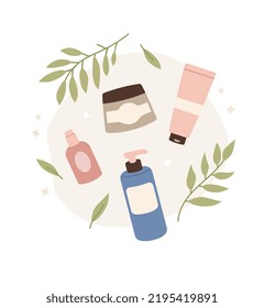 Set of creams, sprays and tubes for skincare. Icon, logo. Beauty. Cleansing and moisturizingproducts. Flat vector illustration.