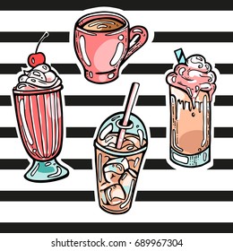 Set of creamy color doodle icon sketches of iced coffee and cocktails. Milkshake, cappuccino, espresso, latte and other cocktails on dark background in youthful style. Vector EPS 10 illustration.