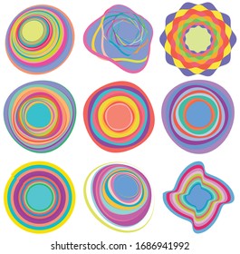 set of creamy, pastel smudged, smeared colorful, multi-color concentric, cyclic rings of different shapes. revolved spirals, vortexes, swirls and twirls. abstract circular, radial shapes, elements