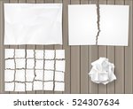 Set creasy and torn sheets of white paper on the background of the old board. Vector graphics