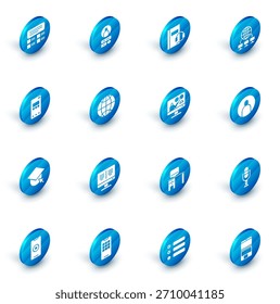 Ajuste la pantalla de Cuenta de Create, el libro de audio, la red de computadoras, el teléfono móvil, el globo de la tapa de graduación, las redes sociales y el ícono de educación en línea. Vector