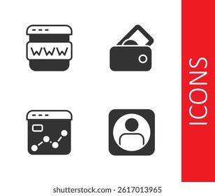 Set Create account screen, Browser window, Market analysis and Wallet with money icon. Vector