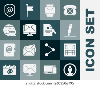 Set Create account screen, Calendar, Pencil with eraser, Mobile and envelope, Monitor, World map made from speech bubble, Shield mail e-mail and Document cursor icon. Vector