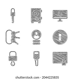 Set Create account screen, Car key with remote, Folder and lock, Keyhole, Lock, Bunch of keys, on computer monitor and Locked icon. Vector