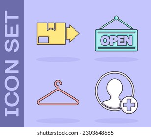 Set Create account screen, Carton cardboard box, Hanger wardrobe and Hanging sign with Open icon. Vector