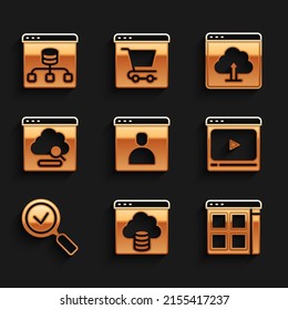 Set Create account screen, Cloud technology data transfer, Browser files, Online play video, Magnifying glass with check mark, upload and Server, Data icon. Vector