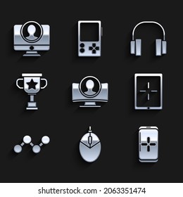 Set Create account screen, Computer mouse gaming, Smartphone and playing game, Tablet, Share, Award cup, Headphones and  icon. Vector