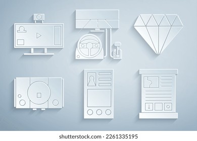 Establecer pantalla de cuenta de Create, Diamond, consola de videojuegos, guía de juegos, cabina de simulador de carreras e icono de streaming en línea en vivo. Vector