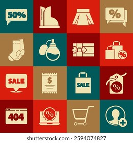 Set Create account screen, Discount percent tag, Shoping bag with discount, Skirt, Perfume, Socks, Fifty and Gift box icon. Vector