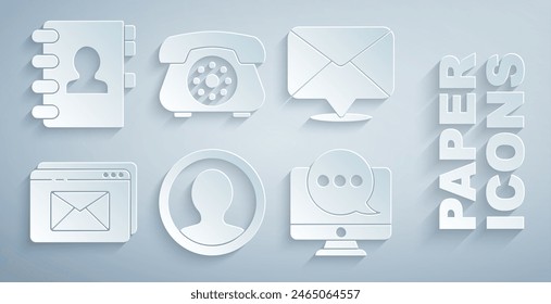 Set Create account screen, Envelope, Website and envelope, Chat messages notification on monitor, Telephone and Address book icon. Vector