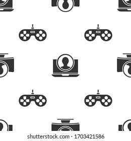 Set Create account screen, Create account screen and Gamepad on seamless pattern. Vector