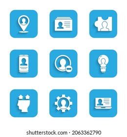 Set Create account screen, Human with gear, Laptop resume, Head lamp bulb, User of, Mobile, hunting and Location person icon. Vector