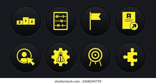 Set Create account screen, Job promotion, Startup project concept, Target, Location marker, Abacus, Piece of puzzle and Business podium icon. Vector