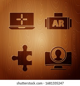 Set Create account screen, Laptop, Piece of puzzle and Ar, augmented reality on wooden background. Vector