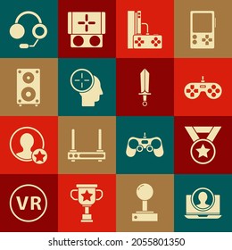 Set Create account screen, Medal, Gamepad, console with joystick, Head hunting concept, Stereo speaker, Headphones and Sword for game icon. Vector
